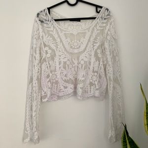 Floral embroidered summer long sleeve white blouse